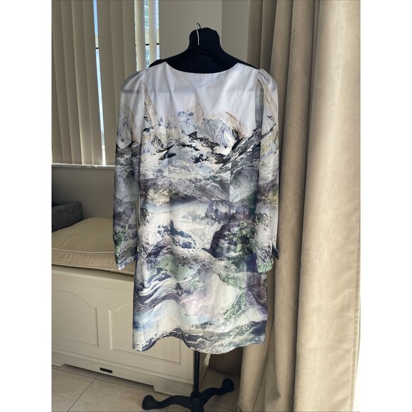 YUMI Mountain Print DRESS Sheer Sleeve Small - Picture 3 of 8